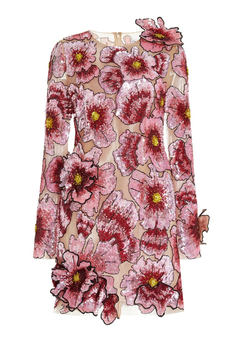 Oscar de la Renta - Floral Sequined Tulle Mini Dress - Pink - US 2 - Moda Operandi