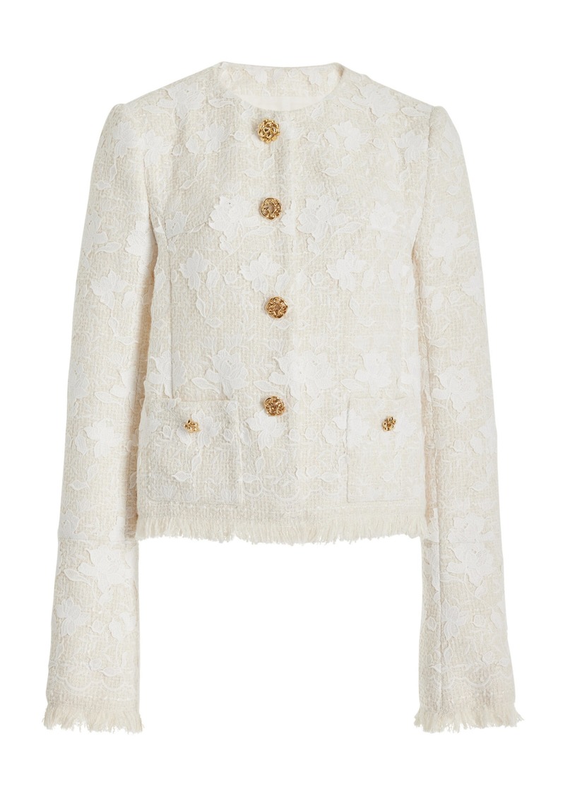 Oscar de la Renta - Gardenia-Embroidered Tweed Jacket - Ivory - US 4 - Moda Operandi