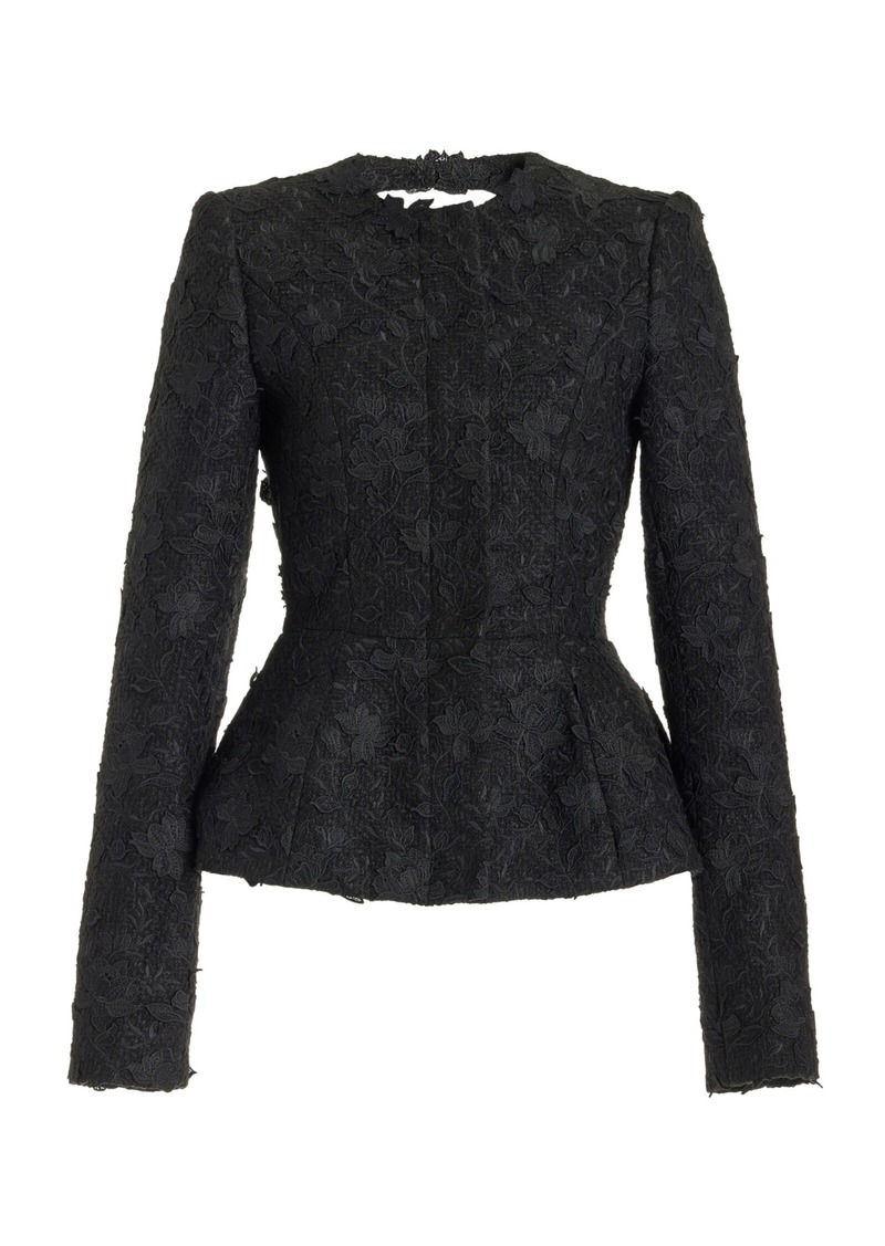 Oscar de la Renta - Gardenia-Embroidered Tweed Open-Back Jacket - Black - US 4 - Moda Operandi