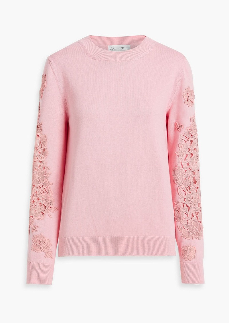 Oscar de la Renta - Guipure lace-trimmed cotton sweater - Pink - XL