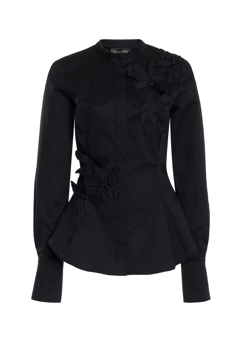 Oscar de la Renta - Long Sleeve  Fabric Orchid Cotton Stretch Blouse - Black - US 4 - Moda Operandi