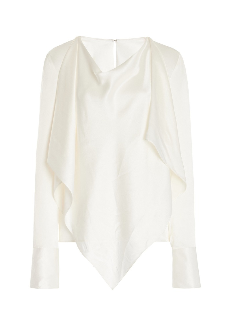 Oscar de la Renta - Long Sleeve Jewel Button Detail Silk Satin Blouse - Ivory - US 2 - Moda Operandi