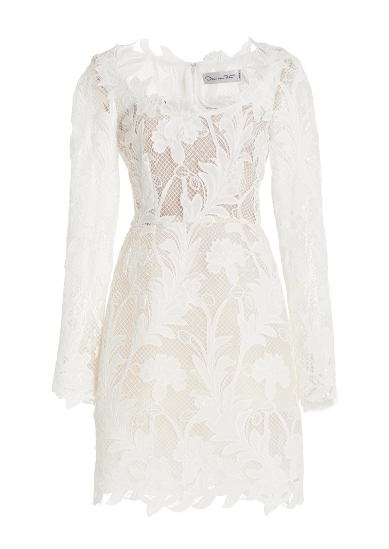 Oscar de la Renta - Marbled Carnation Guipure Mini Dress - White - US 0 - Moda Operandi