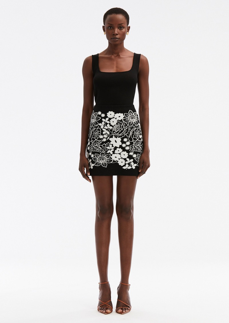 Oscar de la Renta - Mixed Botanical Jacquard Mini Skirt - Black/white - S - Moda Operandi