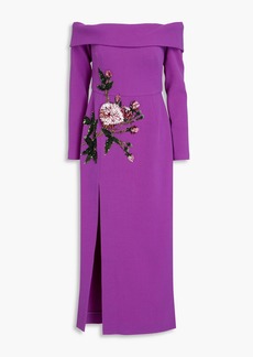 Oscar de la Renta - Off-the-shoulder embellished wool-blend crepe midi dress - Purple - US 2