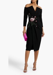 Oscar de la Renta - Off-the-shoulder wrap-effect embellished wool-blend midi dress - Black - US 0