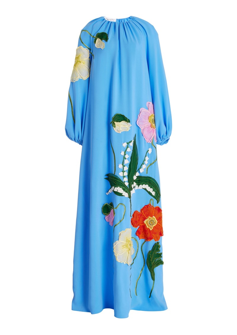 Oscar de la Renta - Oversized Embroidered Silk Maxi Dress - Blue - M - Moda Operandi
