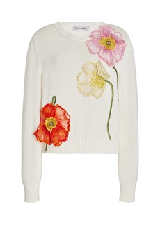 Oscar de la Renta - Painted-Poppies Cotton-Organza Sweater - White - M - Moda Operandi