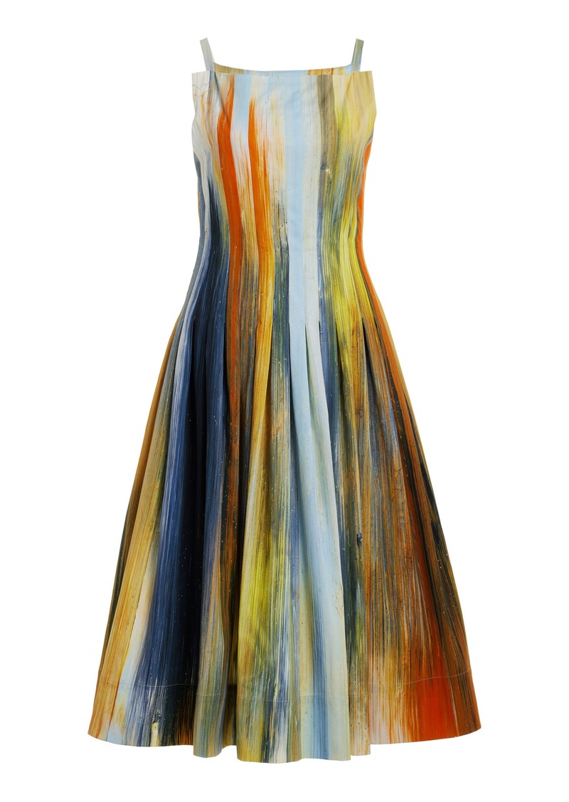 Oscar de la Renta - Pleated Cotton Sateen Midi Dress - Multi - US 4 - Moda Operandi