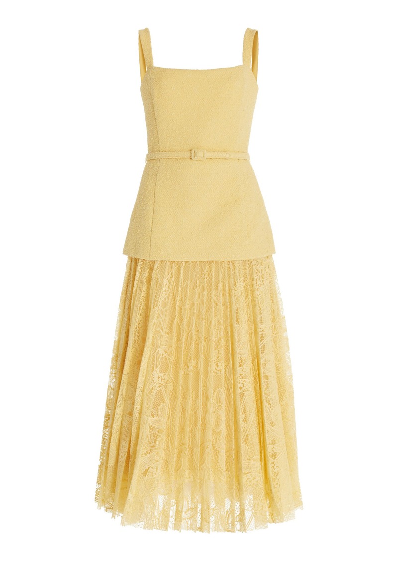 Oscar de la Renta - Pleated Tweed-Lace Midi Dress - Yellow - US 2 - Moda Operandi