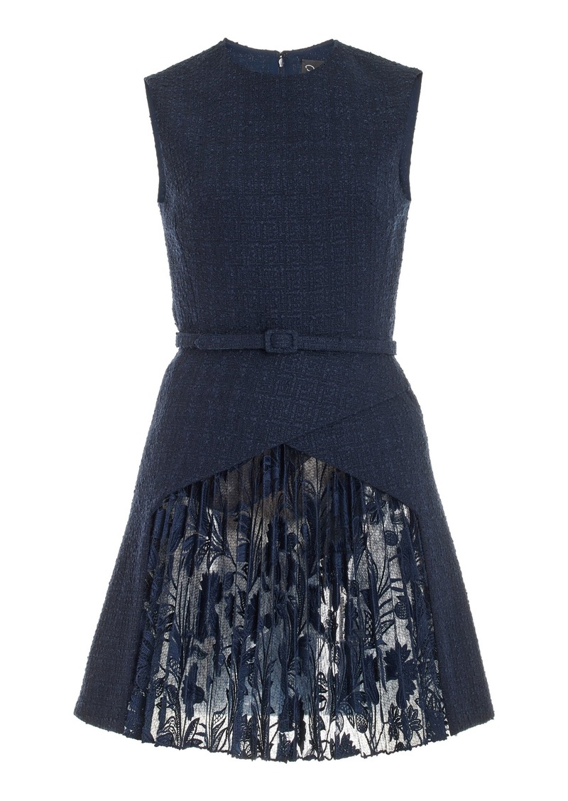 Oscar de la Renta - Pleated Wool-Tweed Mini Dress - Navy - US 2 - Moda Operandi