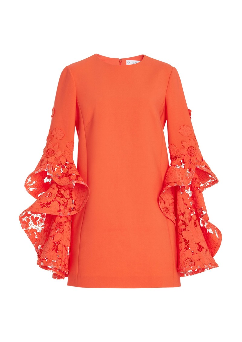 Oscar de la Renta - Ruffled Guipure Lace Stretch Wool Mini Dress - Orange - US 2 - Moda Operandi