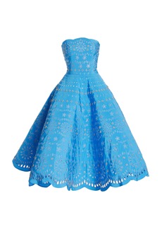 Oscar de la Renta - Strapless Scalloped Cotton-Blend Midi Dress - Blue - US 6 - Moda Operandi