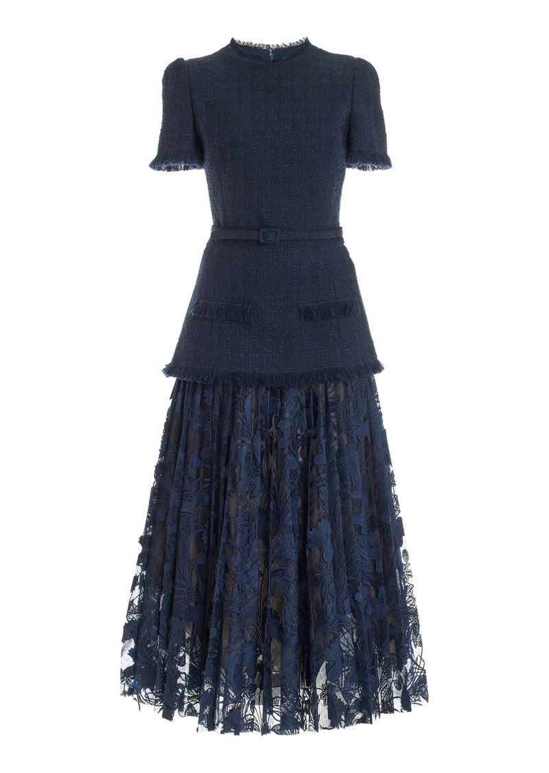 Oscar de la Renta - Tailored Guipure-Lace Wool-Tweed Maxi Dress - Navy - US 6 - Moda Operandi