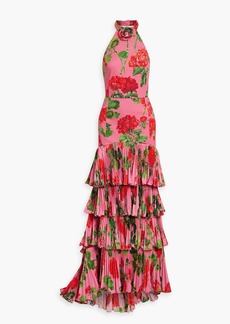 Oscar de la Renta - Tiered floral-print cotton-blend sateen halterneck gown - Pink - US 00