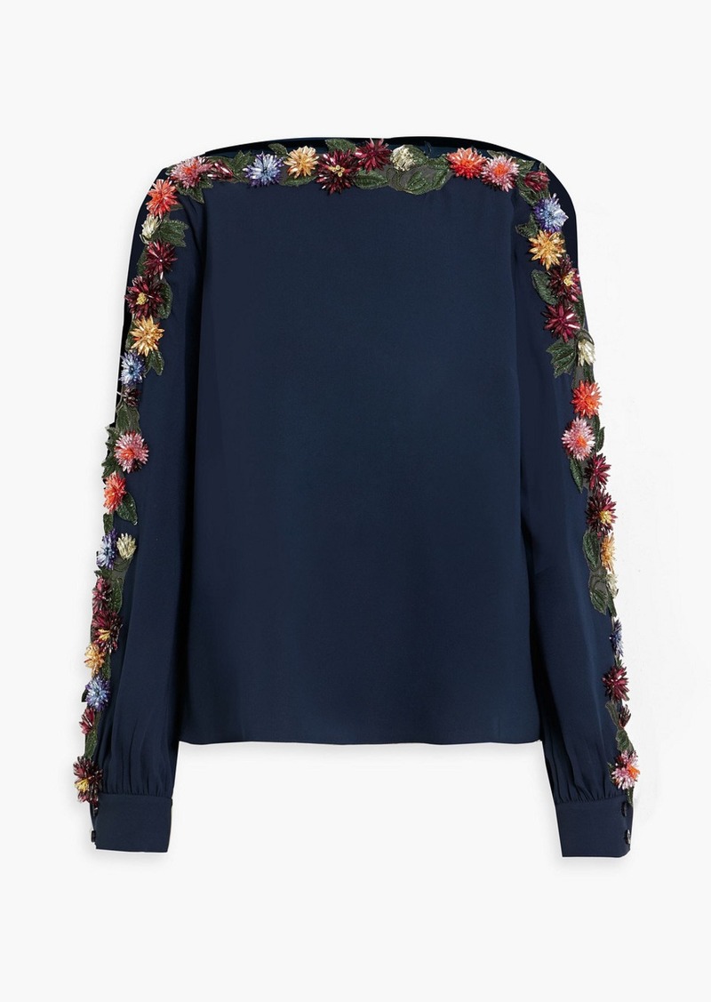 Oscar de la Renta - Tulle-trimmed embellished silk-blend crepe blouse - Blue - US 4