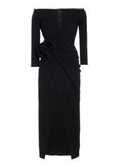 Oscar de la Renta - Women's Rosette-Detailed Wool-Blend Off-The-Shoulder Midi Wrap Dress - Black - Moda Operandi
