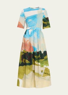 Oscar de la Renta Abstract Landscape Print Flared Midi Dress with Removable Belt
