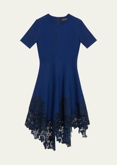 Oscar de la Renta Asymmetric Gardenia Guipure-Hem Short-Sleeve Knit Dress