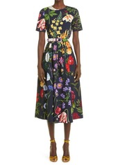 Oscar de la Renta Belted Pleated Floral Print Stretch Cotton Midi Dress
