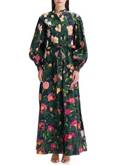 Oscar de la Renta Camellia Print Belted Long Sleeve Shirtdress