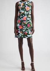 Oscar de la Renta Camellia Print Stretch Cotton Poplin Shift Dress