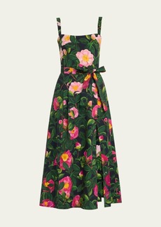 Oscar de la Renta Camellias-Print Belted Slit-Hem Poplin Midi Dress