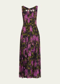 Oscar de la Renta Chrysanthemum Print Pleated Maxi Dress