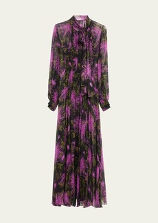 Oscar de la Renta Chrysanthemum Printed Scarf-Neck Pleated Chiffon Maxi Dress