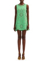 Oscar de la Renta Crystal Embellished Eyelet Embroidered Virgin Wool Blend Shift Dress