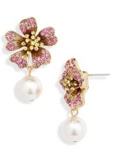 Oscar de la Renta Crystal Floral Imitation Pearl Drop Earrings