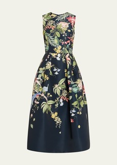Oscar de la Renta Degrade Floral Fauna-Print Sleeveless Fit-&-Flare Midi Dress