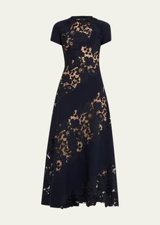 Oscar de la Renta Diagonal Botanical Guipure Inset Cap-Sleeve Open-Back Maxi Dress