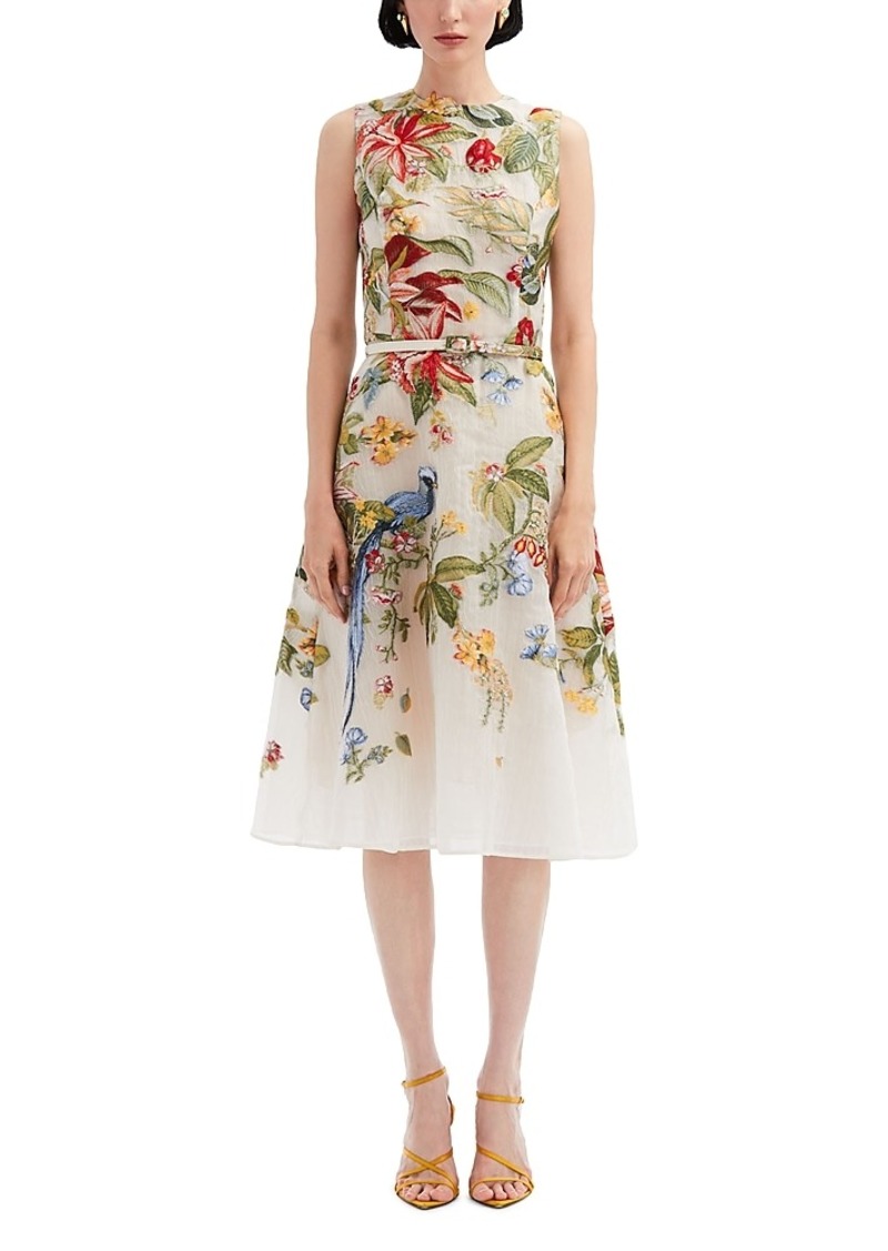 Oscar de la Renta Embroidered Belted Sleeveless Dress