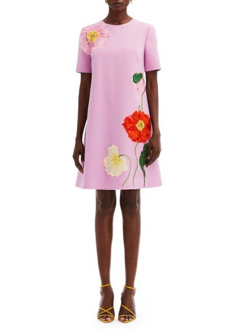 Oscar de la Renta Embroidered Poppy Virgin Wool Blend Shift Dress