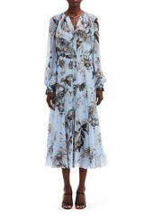 Oscar de la Renta Fauna Floral Sheer Long Sleeve Silk Shirtdress