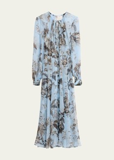 Oscar de la Renta Floral And Fauna Chiffon Button-Front Long-Sleeve Midi Dress
