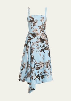 Oscar de la Renta Floral and Fauna Printed Square-Neck Midi Dress