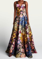 Oscar de la Renta Floral-Embroidered Fil Coupe Gown