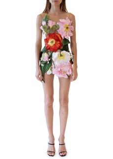 Oscar de la Renta Floral Embroidered Illusion Neck Minidress