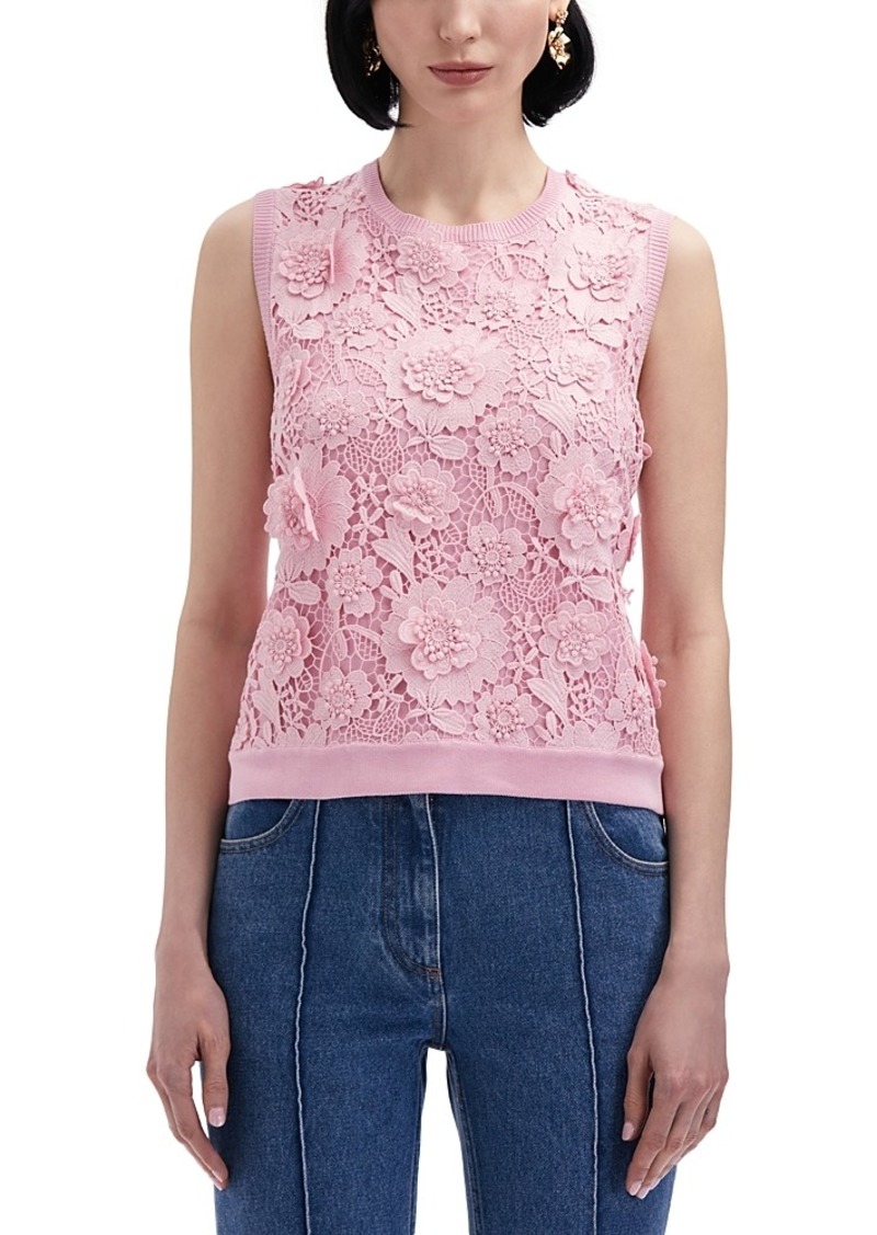 Oscar de la Renta Floral Guipure Inset Sleeveless Silk Sweater