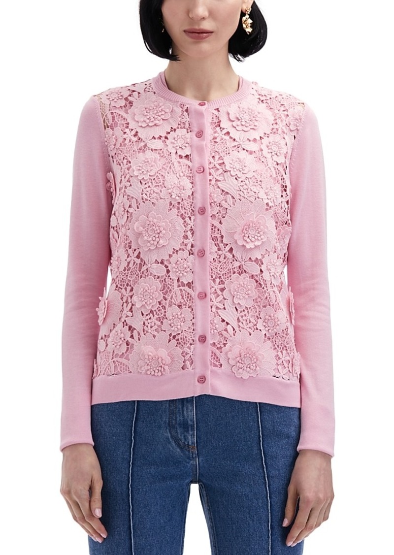 Oscar de la Renta Floral Guipure Long Sleeve Silk Cardigan Sweater