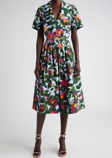 Oscar de la Renta Floral Print Bow Square Neck Stretch Cotton Dress