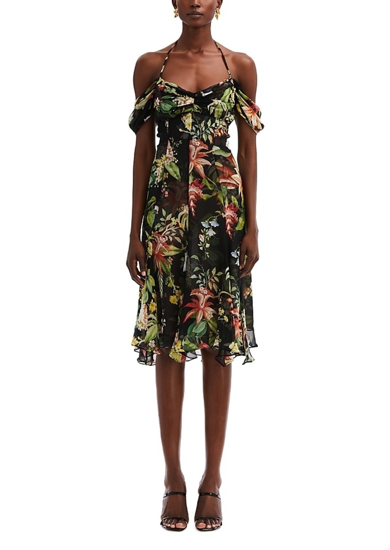 Oscar de la Renta Floral Print Halter Silk Dress