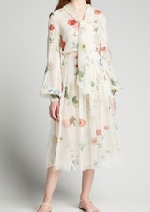 Oscar de la Renta Floral-Print Pleated Chiffon Midi Skirt