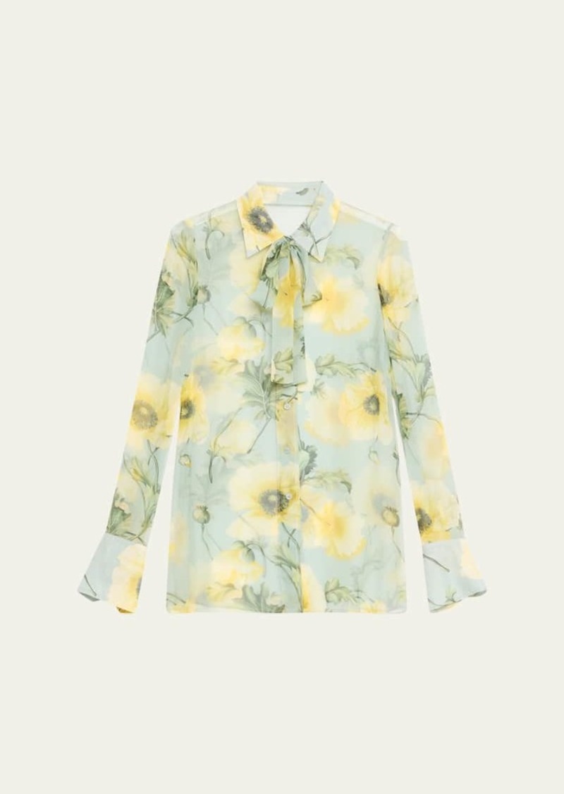 Oscar de la Renta Floral Print Silk Chiffon Blouse with Tie Neckline