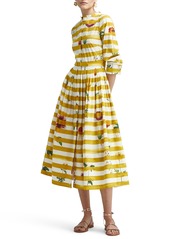 Oscar de la Renta Floral Stripe A-Line Stretch Cotton Midi Dress in Kelly Multi at Nordstrom