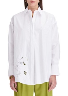 Oscar de la Renta Gardenia Embroidery Cotton Button-Up Shirt
