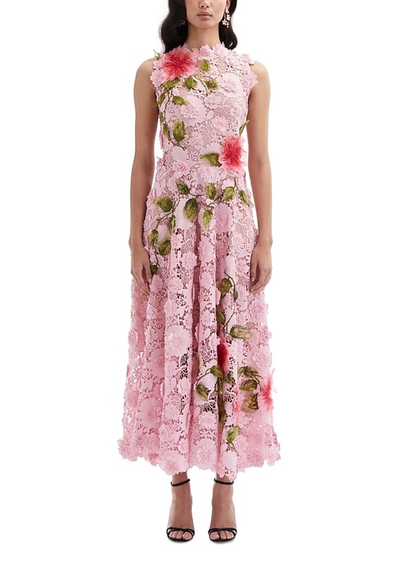 Oscar de la Renta Hibiscus Embroidered Floral Lace Dress