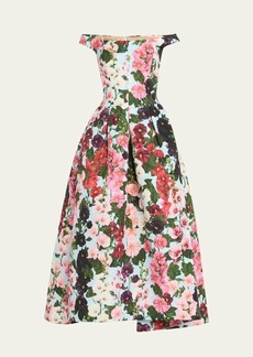 Oscar de la Renta Hollyhocks Floral-Print Off-The-Shoulder Faille Tea-Length Dress